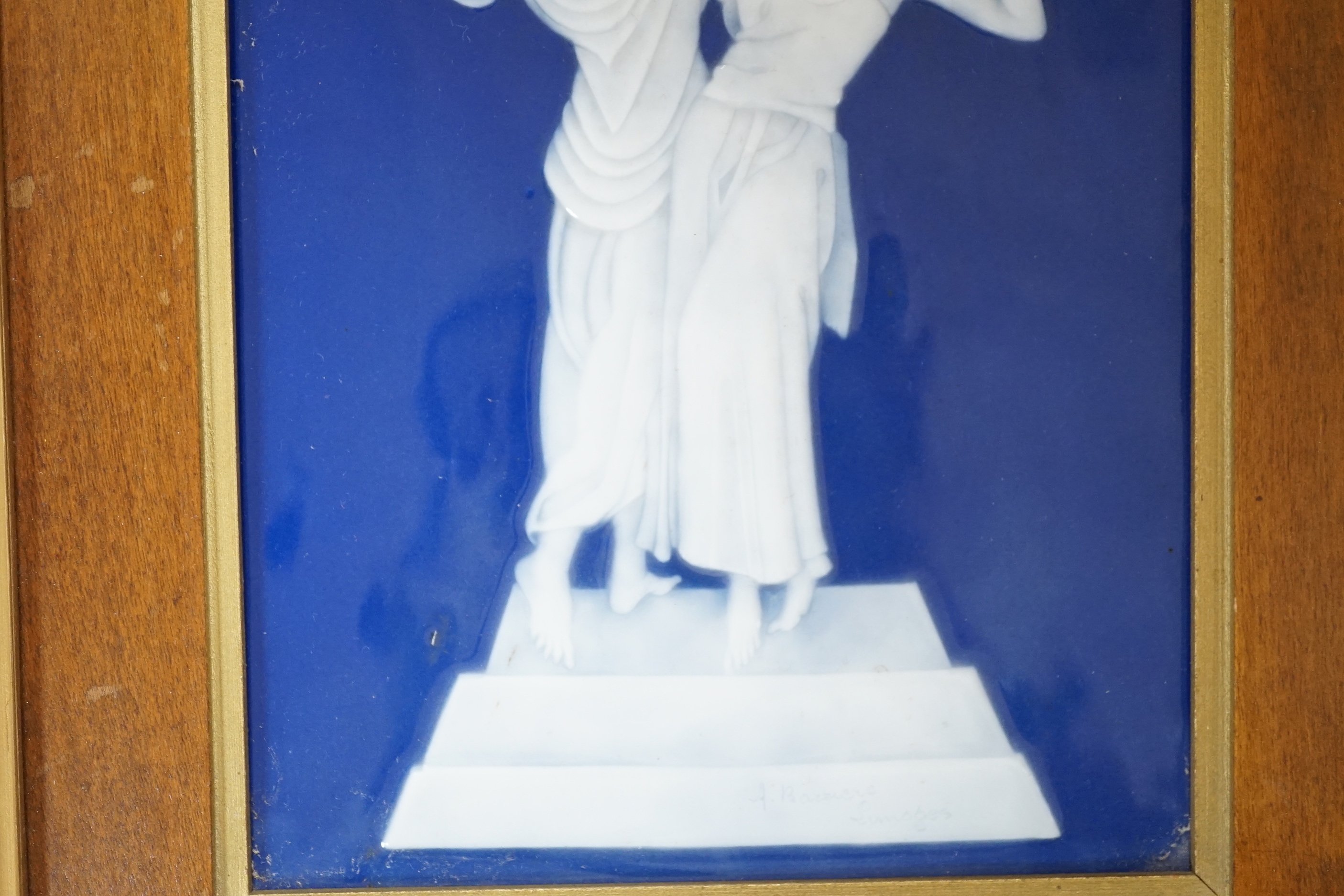 A framed pate sur pate panel, Limoges signed A. Barriere, two dancers, 14cm x 20cm